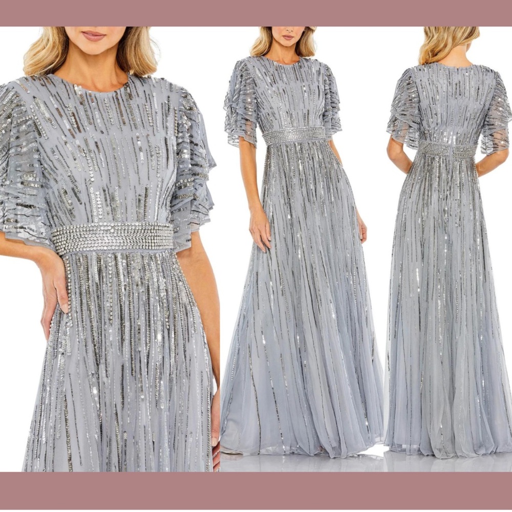 $698 Mac Duggal [ 4 ] Embellished Full Length Layered Sleeve Gown Blue
